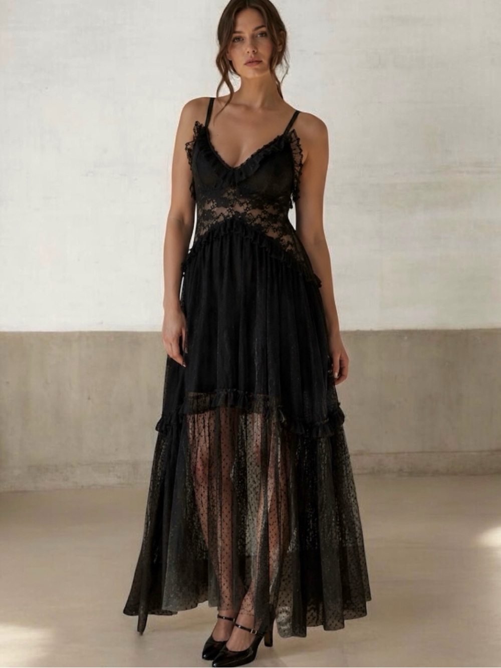 Rehab Sheer Lace Mesh Tulle Maxi Dress Goth Victorian Tiered Swiss Dot Large